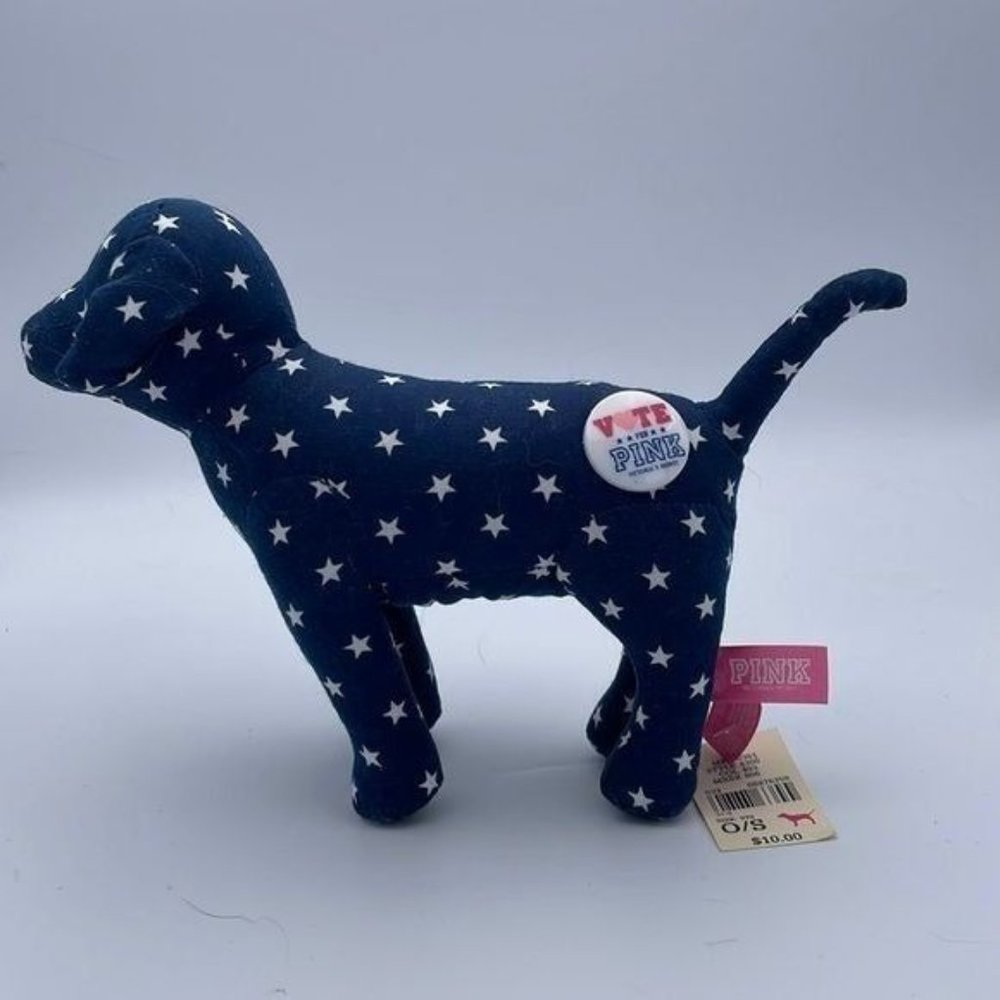 Victoria’s Secret PINK Blue white Stars VOTE PINK button plush dog NWT